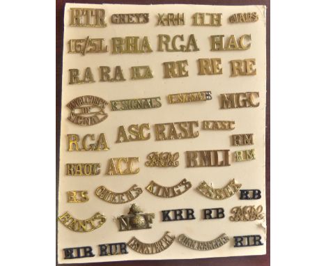British WWI/II Arms and Corps Shoulder Titles (45) Including: Greys, XRH, 16/5L, Royal Corps od Signals, Royal Marine Light I