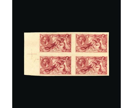 Bradbury Wilkinson Collection : GREAT BRITAIN: 1918 Seahorse 2s.6d. Imperf COLOUR TRIAL proof in carmine, left marginal block