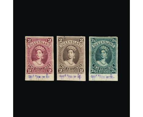 Bradbury Wilkinson Collection : QUEENSLAND: 1882 Chalon 2s. And 2s.6d imperforate plate proofs, a rare 'set' of matching lowe