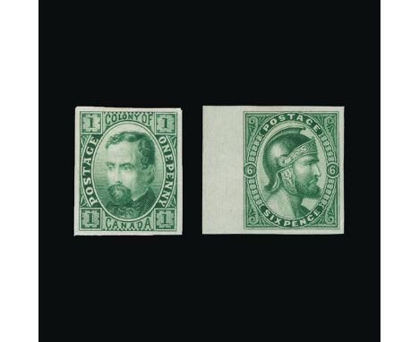 Bradbury Wilkinson Collection : CANADA: 1880 ESSAYS 1d (Charles Dickens ?) and 6d Warrior, each imperf in green, fine and sca