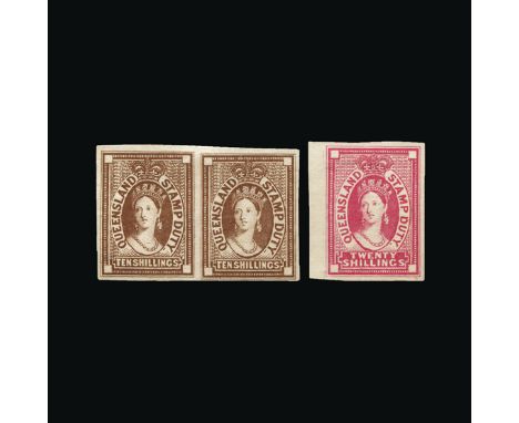 Bradbury Wilkinson Collection : QUEENSLAND: Revenue 1880 Chalon Stamp Duty, a range of imperforate plate proofs comprising 1d