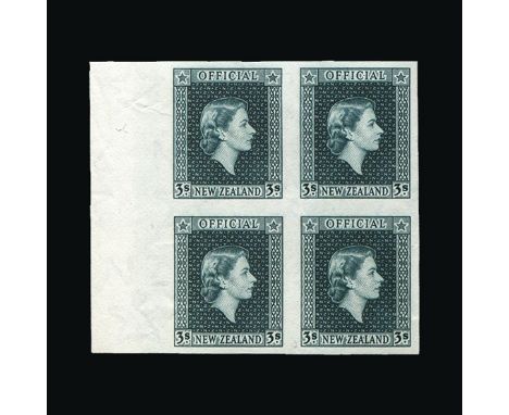 Bradbury Wilkinson Collection : NEW ZEALAND: 1954-63 OFFICIAL imperf matching left sheet marginal plate proof BLOCKS OF FOUR 