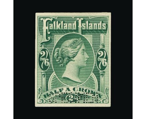 Bradbury Wilkinson Collection : FALKLAND ISLANDS: 1898 2s.6d IMPERFORATE PRINTERS SAMPLE IN GREEN, perf. 'SPECIMEN', fine and
