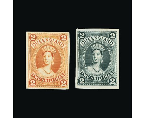 Bradbury Wilkinson Collection : QUEENSLAND: 1882 Chalon 2s. Imperforate plate proof in bright blue, orange, green and in blac
