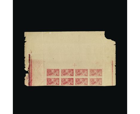 Bradbury Wilkinson Collection : GREAT BRITAIN: 1918 Seahorse 5s. Imperf rough proof,upper marginal block of eight, showing gu