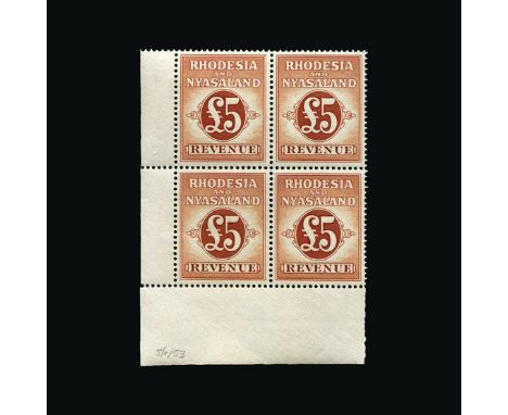Bradbury Wilkinson Collection : RHODESIA AND NYASALAND: Revenue 1956 6d to £5 set, and 1961 reprinted 10s and £1, each in a m