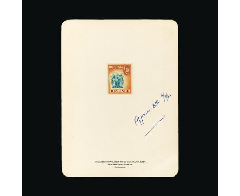 Bradbury Wilkinson Collection : RHODESIA: Revenue 1966 £100 orange and blue, IMPERF PROOF on B.W. gilt edged card (113 x 152 