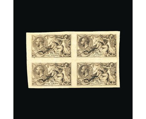 Bradbury Wilkinson Collection : GREAT BRITAIN: 1918 Seahorse 2s.6d. Rough proof, imperf block of four, fine. (image available