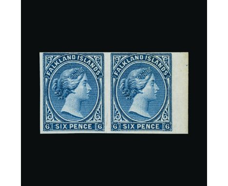 Bradbury Wilkinson Collection : FALKLAND ISLANDS: 1878 6d imperforate colour trial right marginal pair in blue, fine. Cat £60