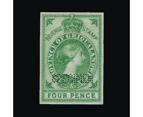 Bradbury Wilkinson Collection : GRIQUALAND: 1879 Revenue Queens head 4d green, imperforate printers sample with 'SPECIMEN' pe