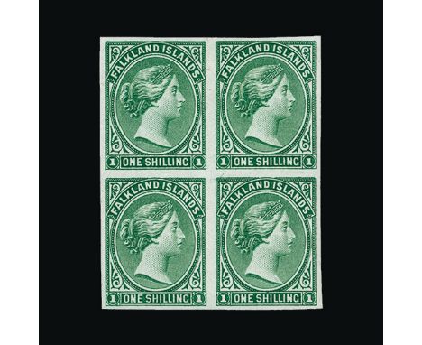 Bradbury Wilkinson Collection : FALKLAND ISLANDS: 1878 1s imperforate colour trial block of four in green, a rare multiple, v