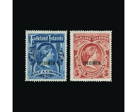 Bradbury Wilkinson Collection : (SG 41/42s) FALKLAND ISLANDS: 1898 2s.6d and 5s overprinted 'SPECIMEN', very fine lightly hin