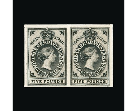 Bradbury Wilkinson Collection : GRIQUALAND: 1879 Revenue Queens head £5 imperforate plate proof pair in black on card, fine a