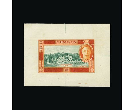 Bradbury Wilkinson Collection : CEYLON: 1947 New Constitution 15c DIE PROOF in green and orange with surround (63 x 45 mm), w