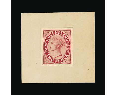 Bradbury Wilkinson Collection : QUEENSLAND: 1882 superb imperforate proof of the 2d. Sideface in red, affixed to card 50 x 48