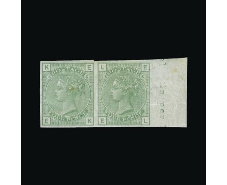Great Britain - QV (surface printed) : (SG 153) 1873-80 4d sage-green, IMPERF IMPPRIMATUR HORIZONTAL PAIR, EK-EL, sheet margi