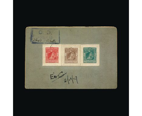 Bradbury Wilkinson Collection : DUMMY STAMPS: 1919 MERCURY HEAD '2' die proof in black, colour trials in mauve and in blue (p