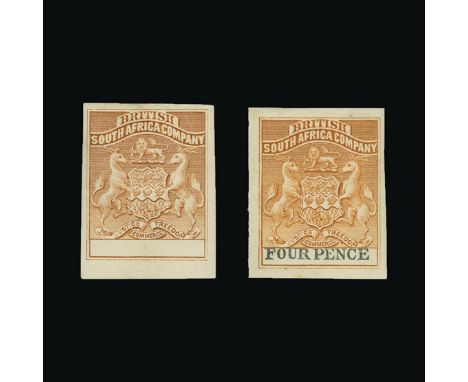 Bradbury Wilkinson Collection : RHODESIA: 1895 4d yellow brown, IMPERFORATE PLATE PROOFS with and without value printed on gu