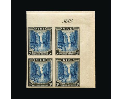 Bradbury Wilkinson Collection : NIUE: 1950 Pictorial set, superb set in matching upper right corner IMPERF PLATE PROOF block 