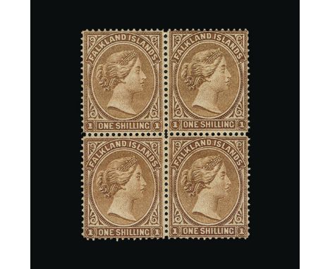 Bradbury Wilkinson Collection : (SG 4) FALKLAND ISLANDS: 1878 1s bistre brown, block of four, fine mint with usual streaky gu