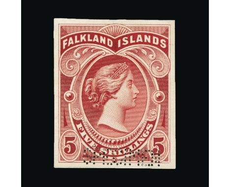 Bradbury Wilkinson Collection : FALKLAND ISLANDS: 1898 5s. RED IMPERFORATE PRINTERS SAMPLE IN GREEN, perf. 'SPECIMEN', fine a