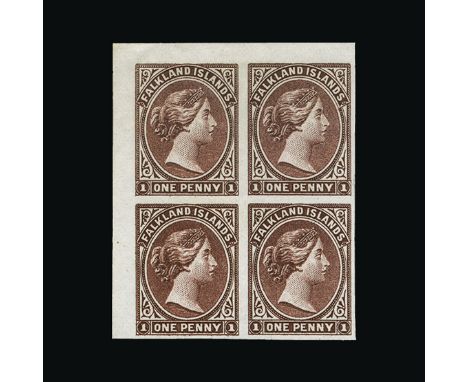 Bradbury Wilkinson Collection : FALKLAND ISLANDS: 1878 1d imperforate colour trial upper left corner block of four in brown, 