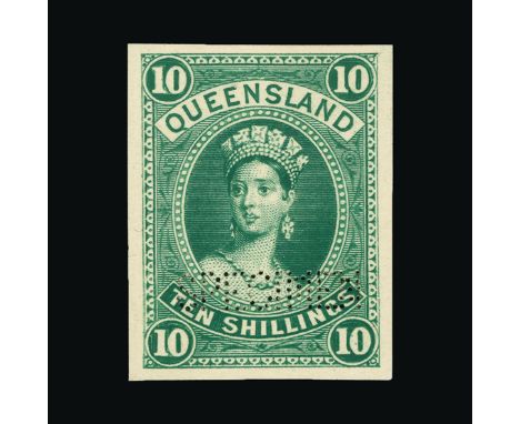 Bradbury Wilkinson Collection : QUEENSLAND: 1882 Chalon 10s. Imperforate printers sample in deep green on card, with 'SPECIME
