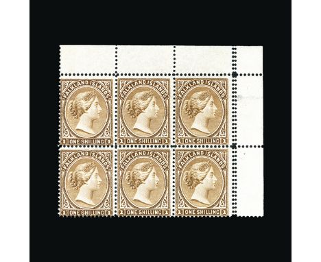Bradbury Wilkinson Collection : (SG 38) FALKLAND ISLANDS: 1891-1902 1s yellow brown, upper right corner block of six, showing