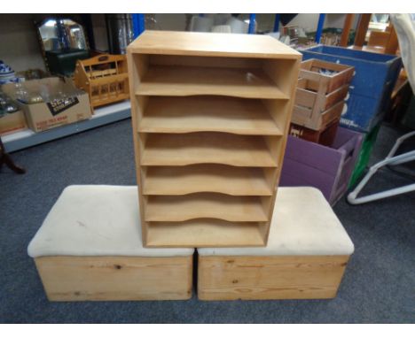 Two pine upholstered storage boxes together with a filing shelf 
