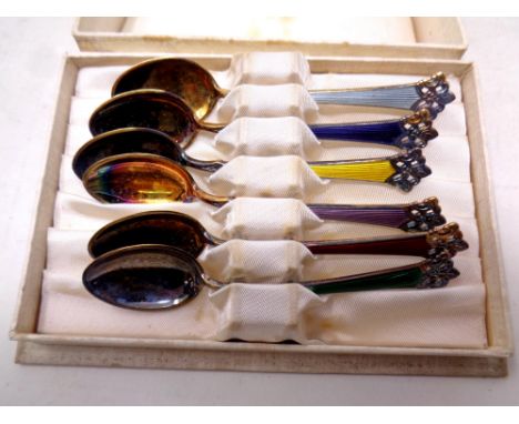 A boxed set of six Norwegian silver and enamel teaspoons 