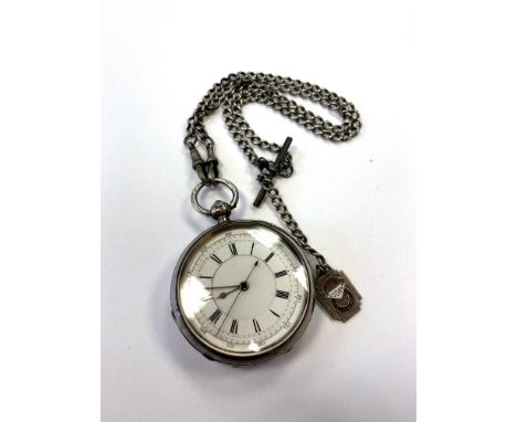 A silver chronograph on silver Albert chain CONDITION REPORT: In going order. 