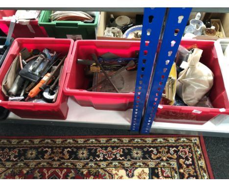 Three crates containing a quantity of assorted hand tools, door locks, inspection lamp, brass oil can etc 