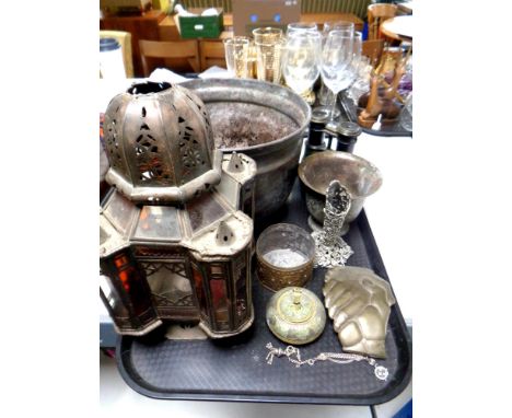 A tray containing vintage opera glasses, antique and later metal wares, copper planter, Moroccan style tea light holder, meta