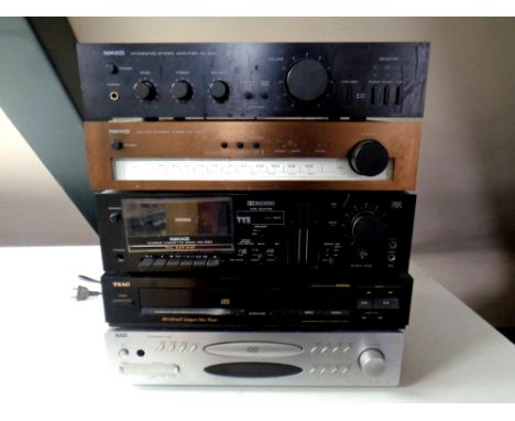 A Nikko integrated stereo amplifier NA-590, Nikko stereo tuner NT 790, Nikko stereo cassette deck ND-590, TEAC compact disc p