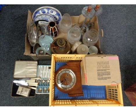 Two boxes of walnut mantel clock, boxed cutlery, Ringtons blue and white plates, brass ware including hand bell, pair of meta