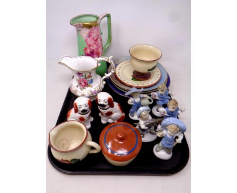 A tray of ceramics including hand painted Grays pottery jug, further Spode jug, Devon ware, pair of miniature spaniels 