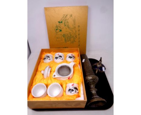 A tray of boxed Chinese tea set, Indian brass vase, ceramic tea pot 