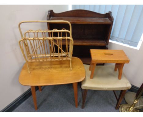 A set of Edwardian mahogany open bookshelves together with a vinyl stool, pine cracket, coffee table and bamboo magazine rack