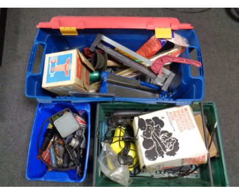 Three plastic crates containing a quantity of assorted power tools, hand tools, Kenwood shredder slicer, Kenwood mincer, fish
