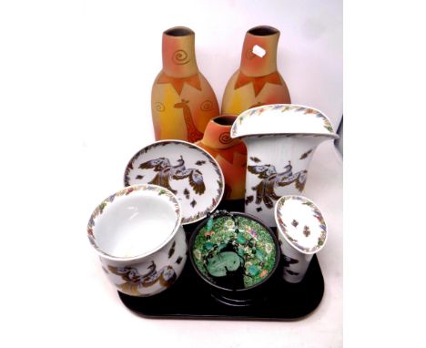 A tray of assorted German pottery and ceramics, Olewindher planter, vases and plate, three Amano giraffe pottery vases and fu