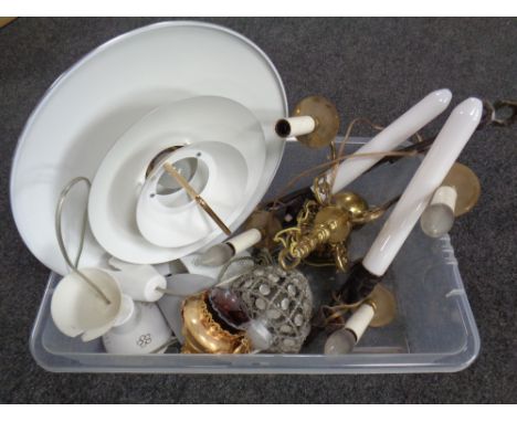 A box of continental light fittings, brass chandelier etc 