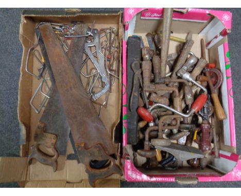 Two boxes containing a large quantity of hand tools including braces, whisk drills, hand saws etc 
