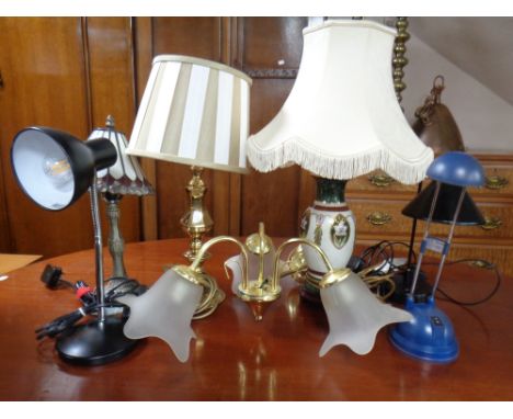 Six assorted brass, ceramic and angle poise table lamps, Tiffany style lamp, together with a brass three-way light fitting wi