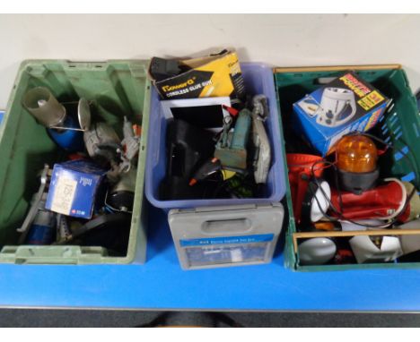 Three crates of power tools, electric stapler, nail gun, torches, camping stoves, bottle jack etc 