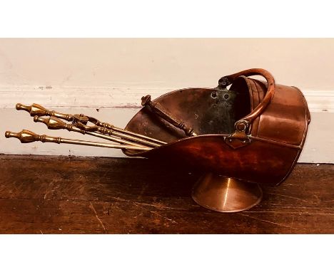 An early 20th century copper fire bucket; brass fire tools (5)
