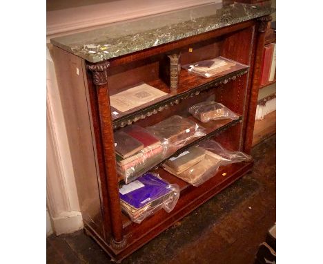 A William IV mahogany and marble bookcase, circa 1835, green marble top above three tier shelving with leather pattern attach