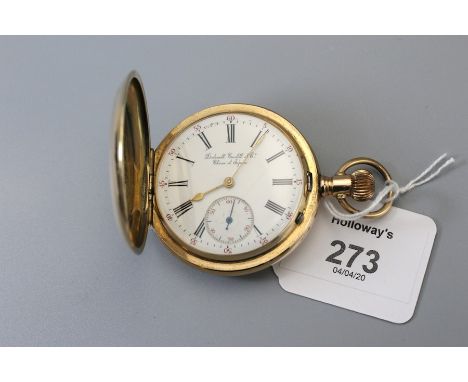 A hunting cased keyless lever watch, the engine turned cased with vacant shield shaped cartouche to centre, the white enamel 