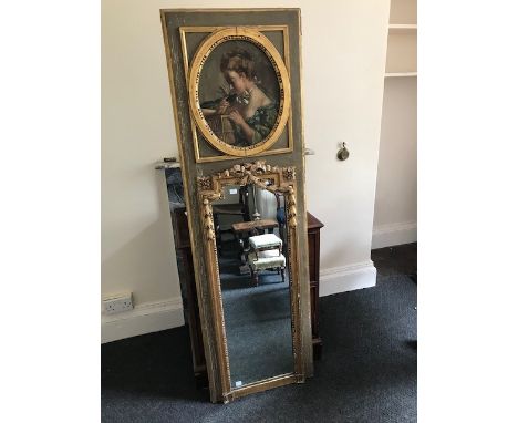 A 19th Century William Kent style pier looking glass panel, surmounted with an oval oil portrait of a girl with a bird, heigh