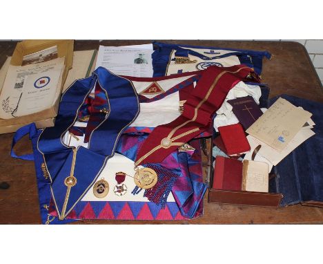 A large quantity of Masonic ephemera to include sashes, aprons, booklets, pamphlets, some relating to London Lodge, Royal Sta