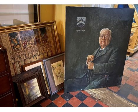A collection of assorted oil paintings, picture frames, portrait of a elderly man, prints, etc (Q)